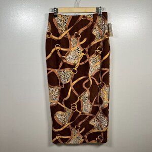 Vintage Silk Club Midi Skirt Size 8 Equestrian Brown Leopard Print Modest Work